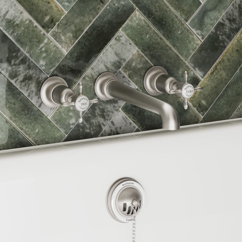 Close up lifestyle image of Burlington Guild 3TH Wall Mounted Nickel Bath Tap